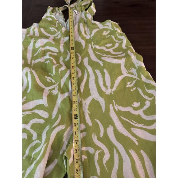 Linen Jumpsuit Womens OS One size Green Abstract Wide Leg Sleeveless Tie Relaxed - Picture 8 of 13